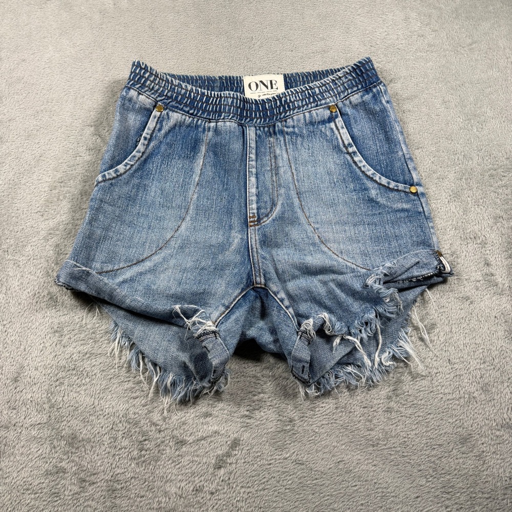 One Teaspoon Hunters Denim Short Women XXS Blue Distressed Raw Hem Elastic Waist